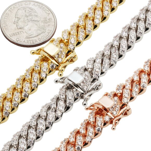 14k Yellow/White/Rose GP AAA CZ 8-12mm Cuban Link Chain Necklace Bracelet 8”-24”